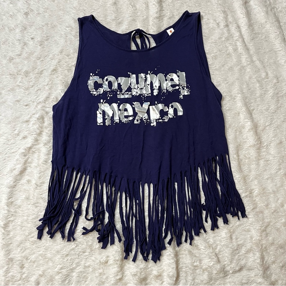 5/$25🦋 Cozumel Mexico Tassel and Open Back Navy Blue Tank Top